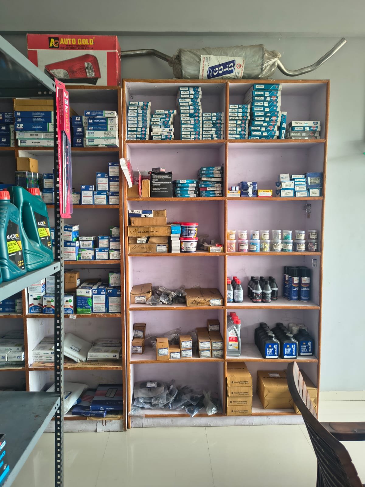 Auto parts shelves at Mahadev Auto Parts